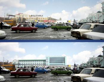 Фотография почтамта с натуры (вверху) и фотоврисовка (внизу)