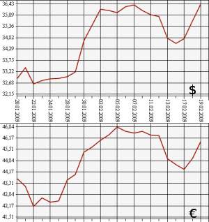 ЦБ РФ доллар, евро, 19.01.02 - 19.02.09