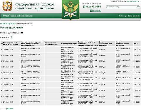 Реестр должников. Результат поиска