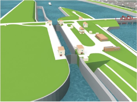 Вид на судоходный шлюз с нижнего бьефа