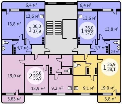 Планировка квартир в блок-секции P Планировка квартир в блок-секции P